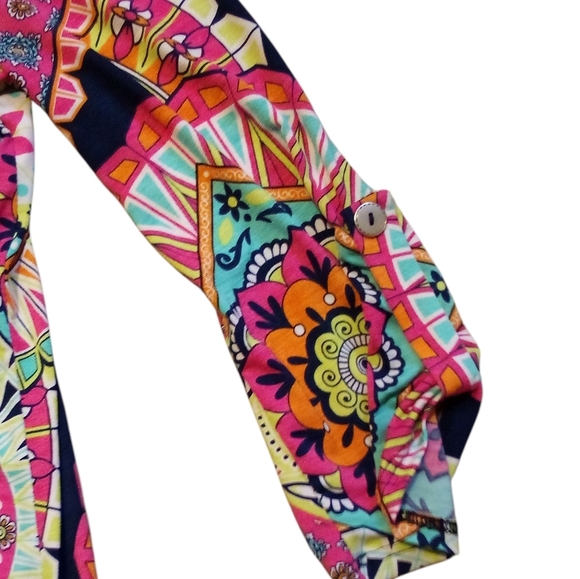 Honeyme - Multi Colored Tunic, 3/4 Sleeves W/Button, V-neck Size Small, Made USA - Picture 5 of 9